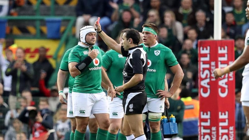 Ireland’s CJ Stander receives a red card from referee Mathieu Raynal during the first Test against South Africa at Newlands in Cape Town. Photograph: Billy Stickland/Inpho