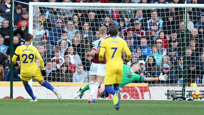 Alvaro Morata opens the scoring for Chelsea at Turf Moor. Photograph: Nigel Roddis/Getty