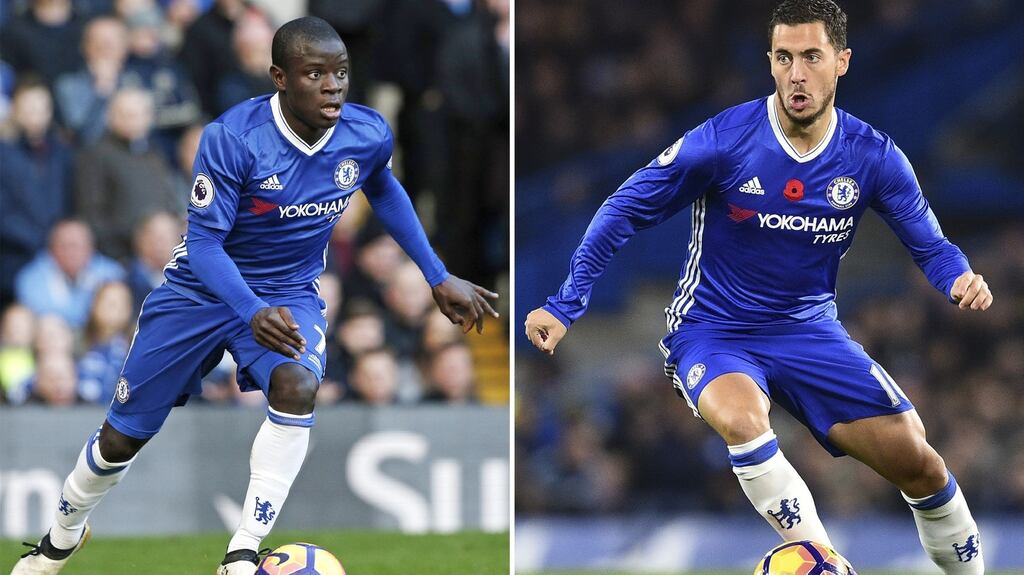 N’Golo Kante and Eden Hazard have seen their key roles in Chelsea’s bid for the Premier League title acknowledged with nominations for England’s Professional Footballers’ Association Player of the Year award. Photograph: Getty Images
