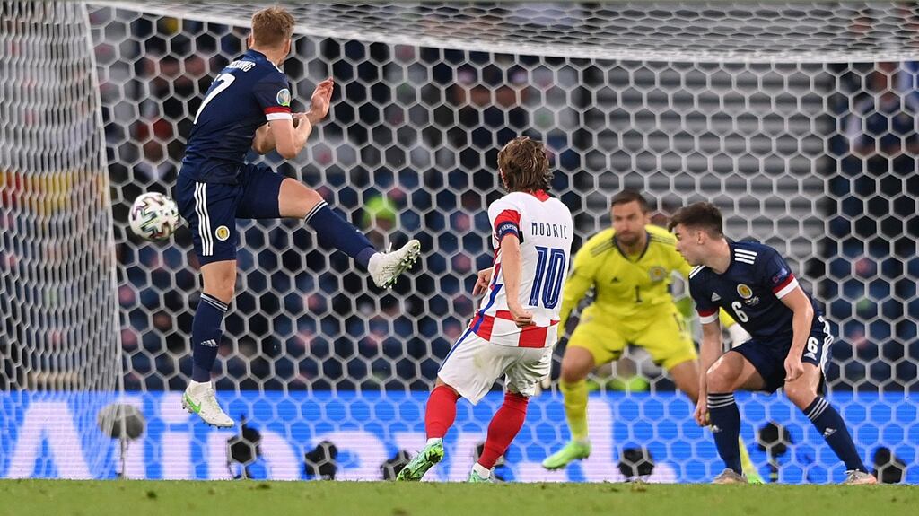 Croatia’s midfielder Luka Modric scores his side’s second goal during the Euro 2020 win over Scotland. Photo: Stu Forster/AFP via Getty Images