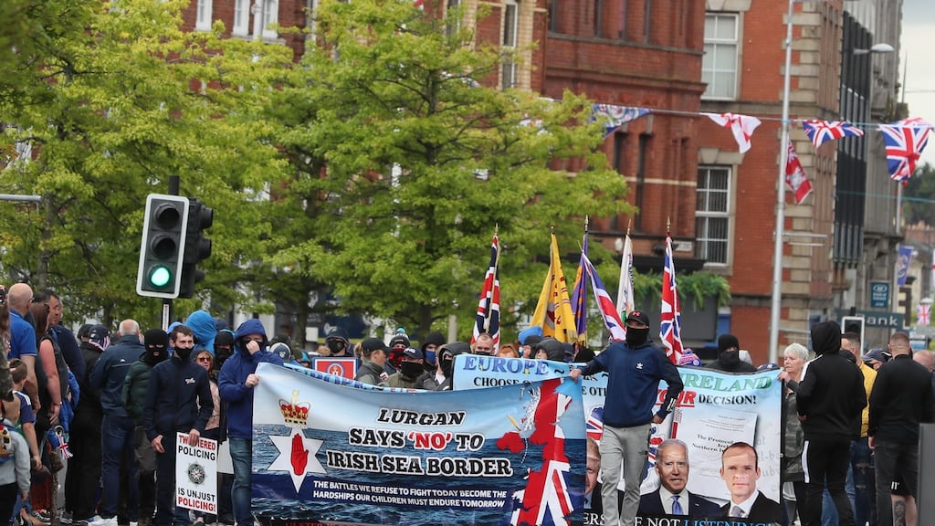 Loyalists took part in an anti-Northern Ireland protocol rally in Portadown, Co Armagh on Saturday. Photograph: PA