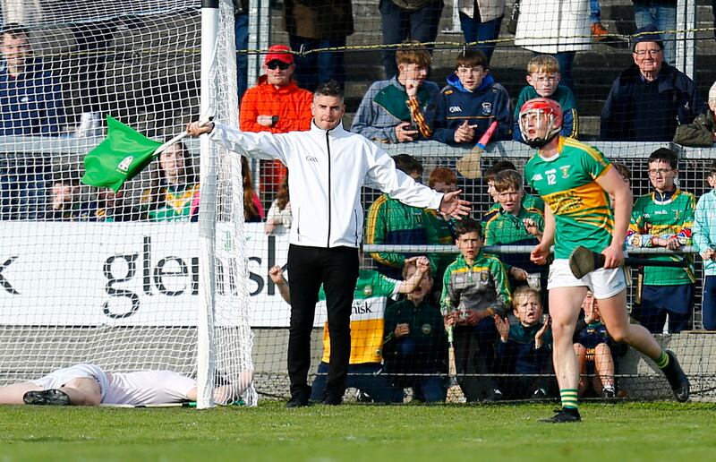 The umpire signals a goal for Kilcormac-Kiloughey in the Offaly county final victory over Shinrone. Photograph: Ashley Cahill/Inpho