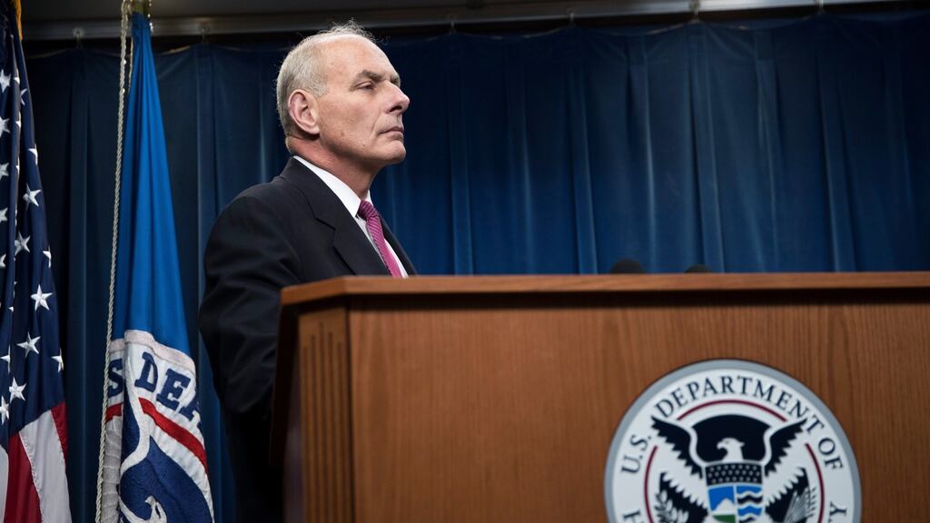 US secretary of homeland security John Kelly during a press conference on remarks on the Trump administration travel ban. Photograph: Shawn Thew/EPA