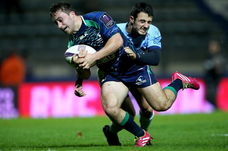 Connacht’s Caolin Blade gets past Pierre Sayerse of Bayonne to score his side's first try during the 2014 Challenge Cup match at Stade Jean-Dauger in Bayonne. Photograph: James Crombie/Inpho