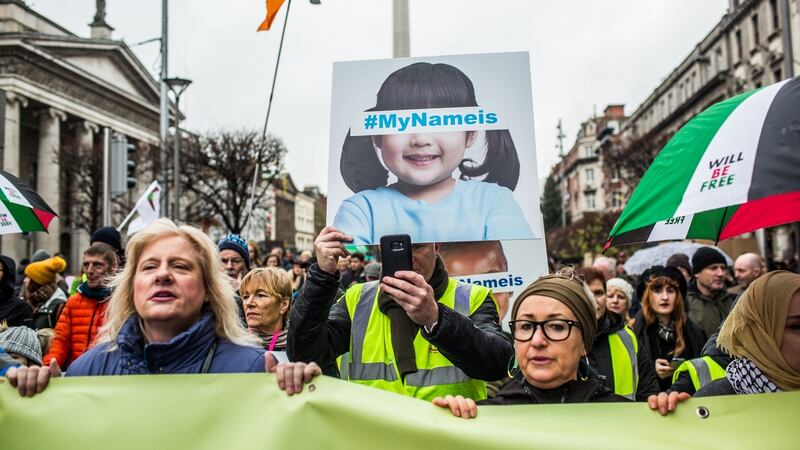 Protesters gather in Dublin at a “Homes for all” rally to draw attention to homelessness  and the lack of affordable housing in the country. Photograph: James Forde for the Irish Times