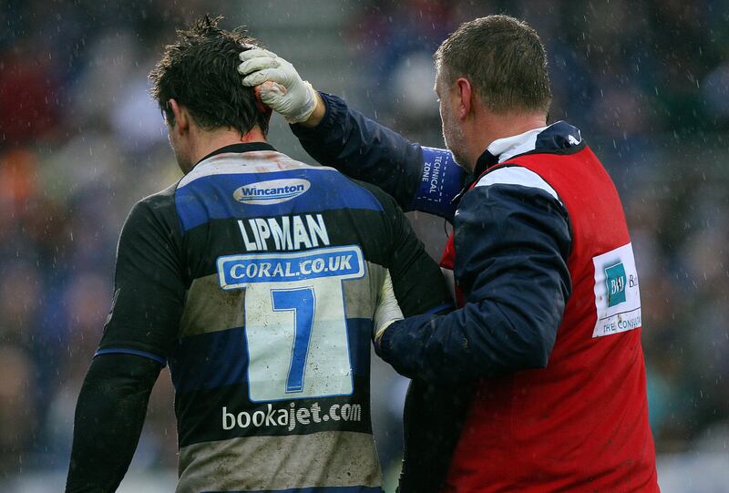 Michael Lipman suffers an injury playing for Bath. He has been diagnosed with early onset dementia and probably CTE (Chronic traumatic encephalopathy). Photograph:  Carl de Souza/AFP/via Getty Images