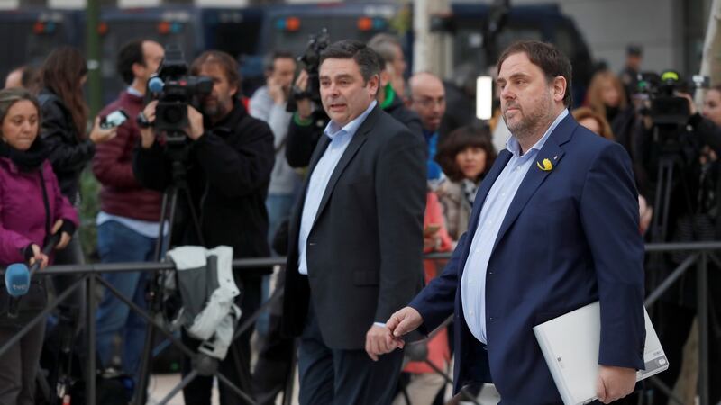 Catalan regional vice president, Oriol Junqueras (R), arrives to the Audiencia Nacional court in Madrid, Spain. Photograph: Fernando Alvarado/EPA