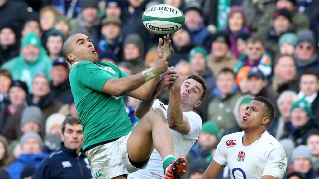 Simon Zebo competes for a high ball with George Ford during Sunday’s action at the Aviva Stadium: Ireland kicked the ball 44 times compared with England’s 27. Photograph: David Rogers/Getty Images