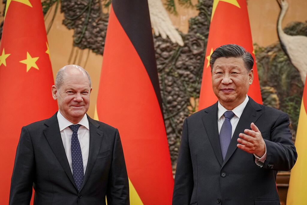 German chancellor Olaf Scholz and Chinese President Xi Jinping in Beijing. Xi urged Germany and the European Union to play a central role in facilitating peace talks between Russia and Ukraine. Photograph: Kay Nietfeld/AP