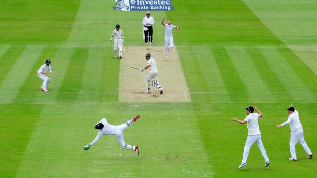 England bowler Stuart Broad celebrates as wicketkeeper Jos Buttler catches New Zealand batsman Ross Taylor down the legside during day three of the first Test at Lord’s. Photo: Dan Mullan/Getty Images