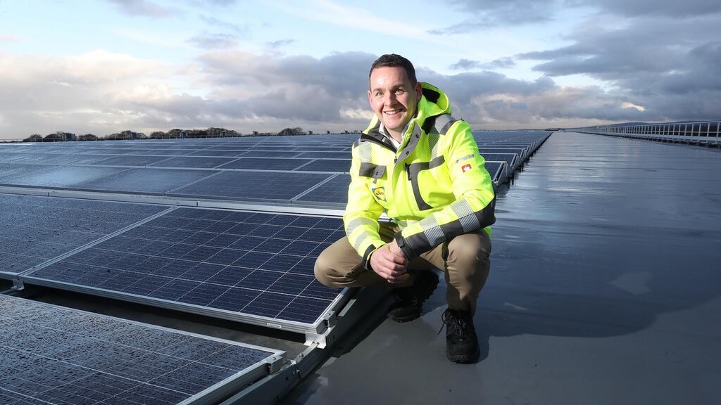 Lidl Ireland and Northern Ireland managing director JP Scally on the roof of Lidl’s new distribution centre In Newbridge, Co Kildare. Photograph:  Robbie Reynolds