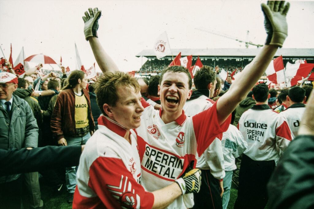 Derry’s Kieran McKeever and Joe Brolly celebrate after the 1993 All-Ireland final in which the county defeated Cork. File photograph: James Meehan/Inpho
