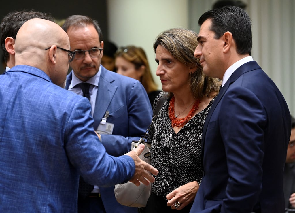 Italy's ecological transition minister Roberto Cingolani (L) speaks with Spain's energy minister Teresa Ribera (2nd R) at the opening of an European Union energy ministers meeting at the EU headquarters in Brussels. Photograph: John Thys/Getty Images