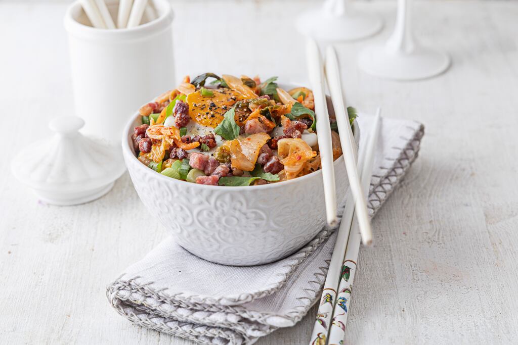 Kimchi fried rice, fried egg and bacon