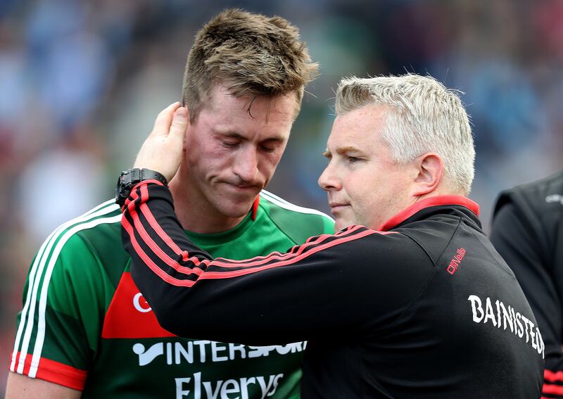 Mayo manager Stephen Rochford with Cillian O’Connor after the 2017 All-Ireland final defeat to Dublin. Photograph: Tommy Dickson/Inpho