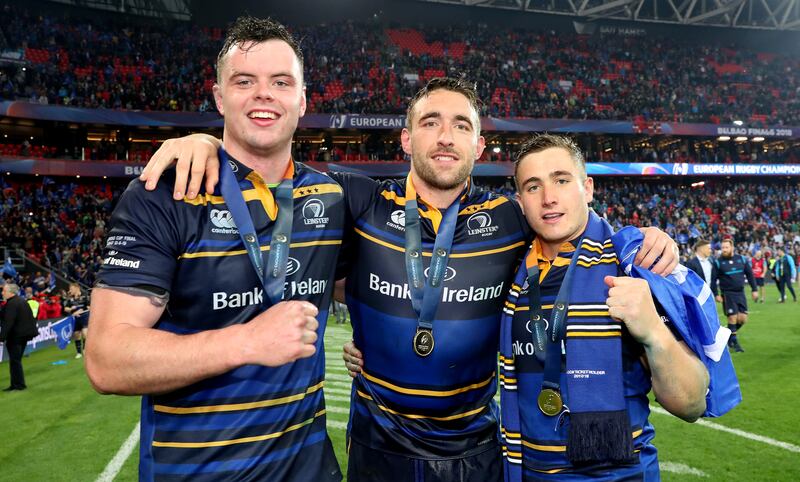 Champions Cup Final, San Mamés Stadium, Bilbao, Spain 2018, where Leinster beat Racing 92; Leinster's James Ryan, Jack Conan and Jordan Larmour celebrate. Photograph: Billy Stickland/Inpho