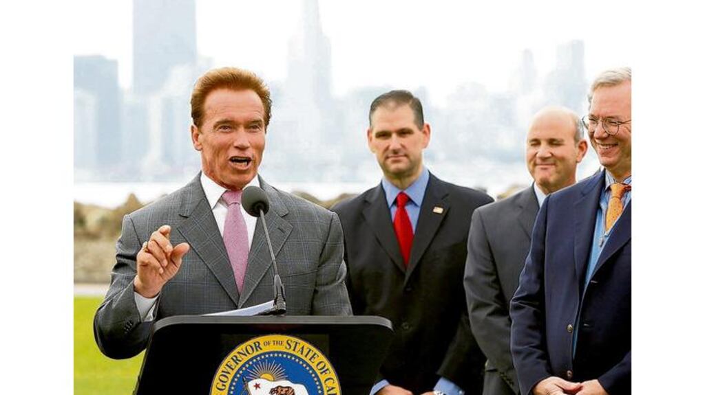 California governor Arnold Schwarzenegger speaking at the release of California's Climate Adaptation Strategy final report. In California, the growth in green sector jobs is far out-stripping other areas.
