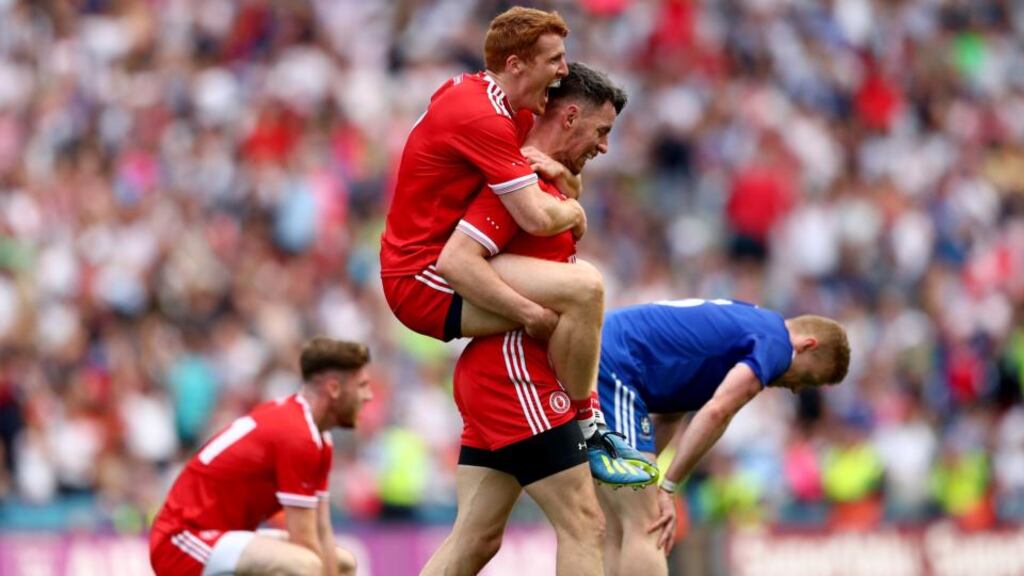Tyrone’s Peter Harte and Matthew Donnelly celebrate at the final whistle. Photograph: James Crombie/Inpho