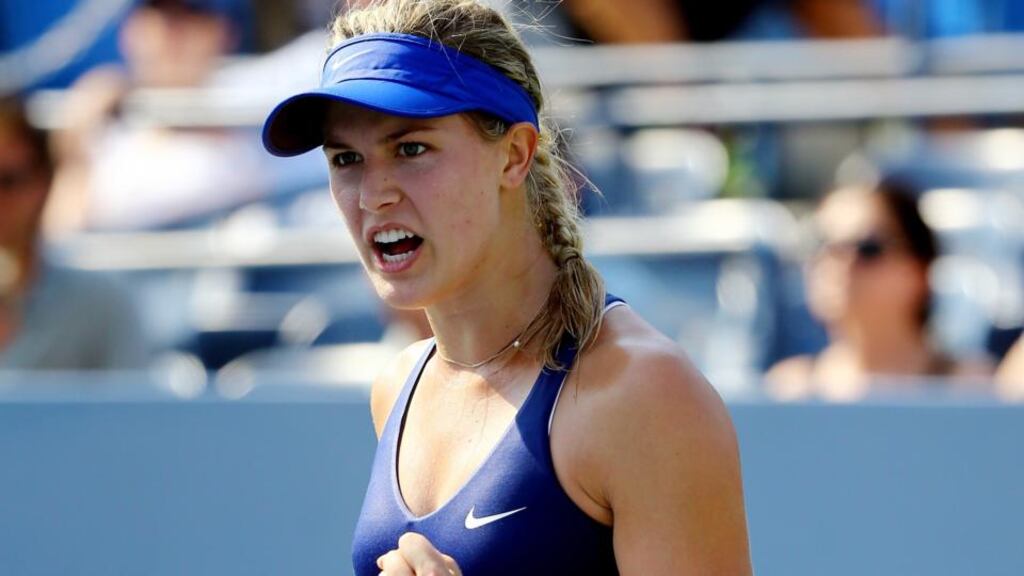 Eugenie Bouchard of Canada celebrates after defeating Olga Govortsova of Belarus in the women’s singles first round match on Day Two. Photograph: Getty Images