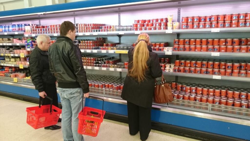 Sanctions and oil-price hit Russians buy caviar at Disas supermarket in Lappeenranta. Where once they bought fashion, those who come now are buying groceries. Photograph: Derek Scally