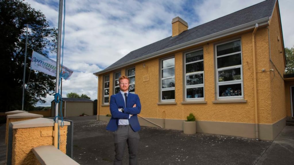 School Principle Naos Connaughton pictured outside the two-teacher Lecarrow Community School in Co Roscommon. Photograph: Brian Farrell
