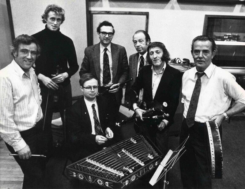 The Chieftains in 1975: Seán Potts, Sean Keane, Michael Tubridy, Martin Fay, Paddy Moloney, Peader Mercier and (seated in front) Derek Bell. Photograph: The Irish Times