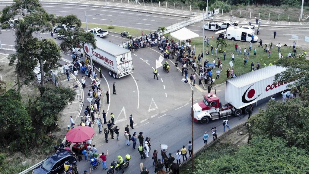 Aerial view of trucks loaded with humanitarian aid for Venezuela at the Tienditas Bridge on the border between Cucuta, Colombia and Tachira, Venezuela, on Friday. Photograph: Edinson Estupinan/AFP/Getty