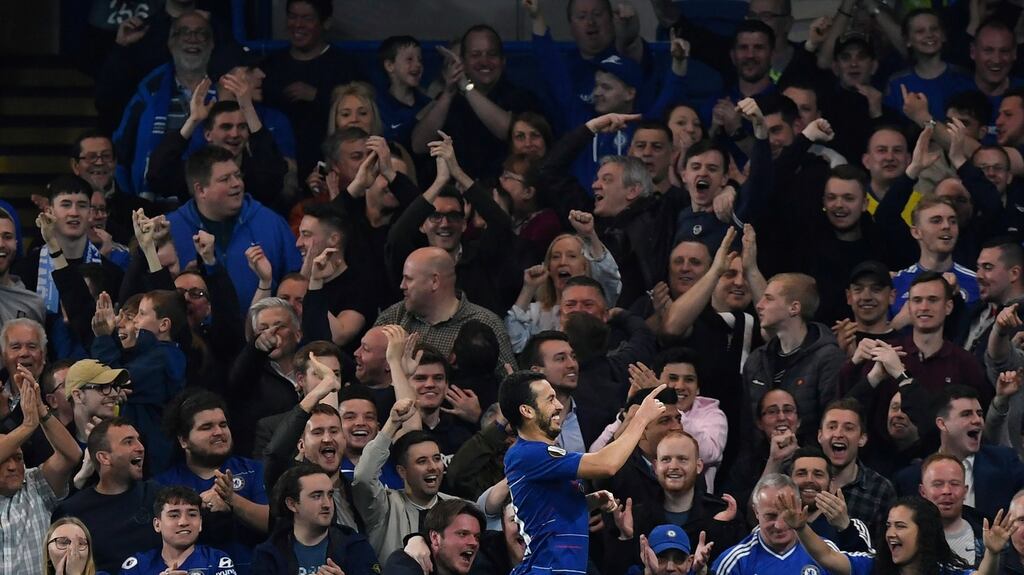 Chelsea’s Pedro celebrates after scoring at Stamford Bridge. Photograph: EPA