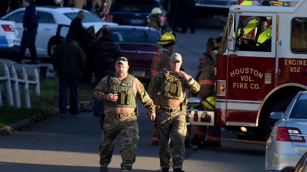 Law enforcement personnel gather after a shooting in Canonsburg, Pennsylvania, November 10th, 2016. Photograph: Darrell Sapp/Pittsburgh Post-Gazette/AP