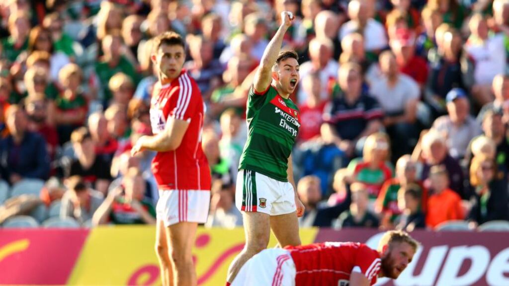 Mayo’s Evan Regan appeals after a point is waved wide during the All-Ireland SFC Round 4A Qualifier against Cork at the Gaelic Grounds in Limerick. Photograph: Cathal Noonan/Inpho