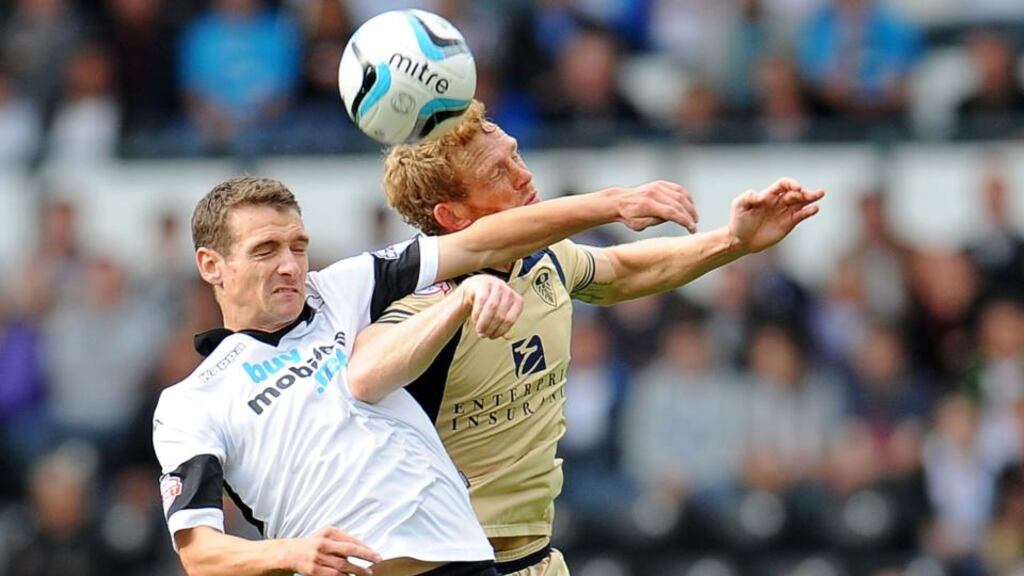 Paul Green of Leeds United, seen here in action against  Craig Bryson of Derby County on Saturday, has been called in to the Republic of Ireland squad for the World Cup qualifiers against Germany and Kazakhstan. Photograph:  Tom Dulat/Getty Images