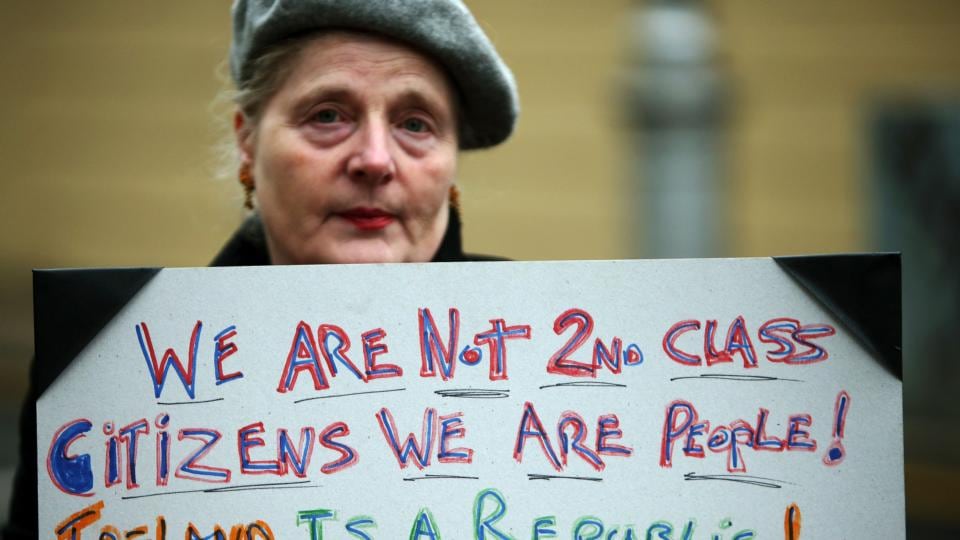 Protester: Sheila Giles Mullan outside Leinster House. Photograph: Brian Lawless/PA Wire