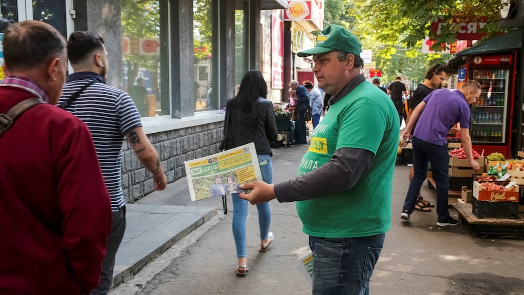 An activist distributes electoral materials in support of Volodymyr Zelenskiy’s political party, Servant of the People, in Kiev. Photograph: Gleb Garanich/Reuters