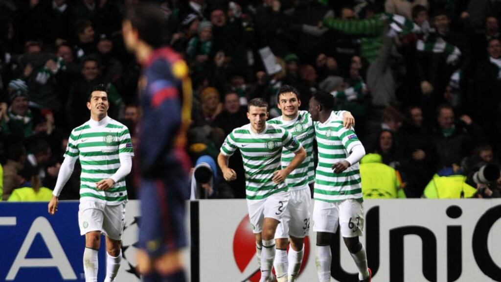 Tony Watt celebrates scoring against Barcelona the night Celtic beat the Spanish giants in the Champions League group stages last November. The Scottish champions will have another crack at the Spaniards after drawing them again this season, in Group H of the Champions League. Photograph: Lynne Cameron/PA .