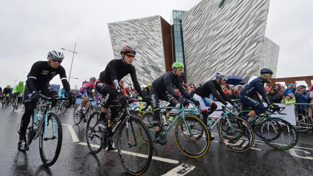 Riders start for the second stage of the 97th Giro d’Italia cycling race. Photograph: Luca Zennaro/EPA