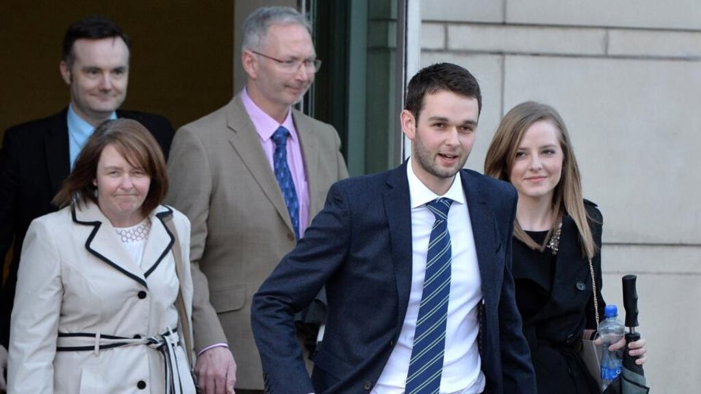 Daniel McArthur (second right) of Asher’s Bakery and his wife Amy McArthur (right) along with family members leave court. Photograph: Getty