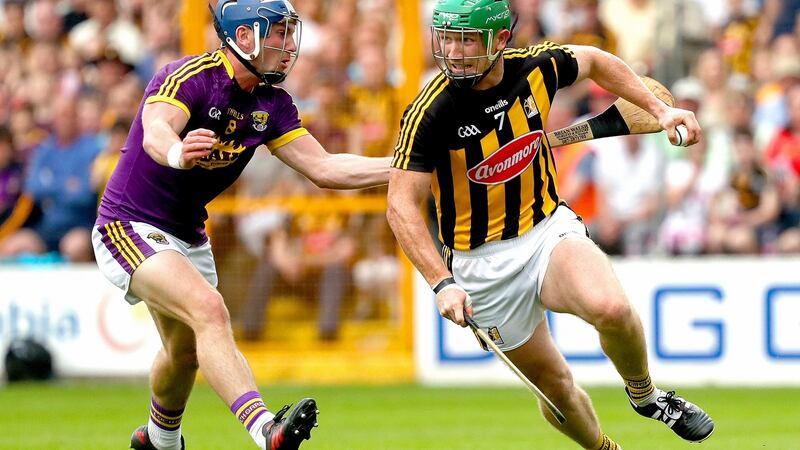 Wexford’s Kevin Foley challenges Paul Murphy of Kilkenny during the Leinster SHC round-robin match at Nowland Park. Photograph: James Crombie/Inpho