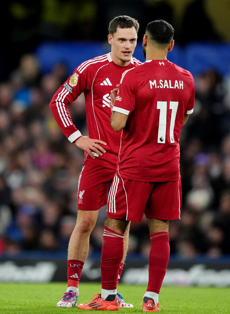 Liverpool's Florian Wirtz and Mohamed Salah during a break in play at Stamford Bridge on Saturday. Photograph: Adam Davy/PA Wire