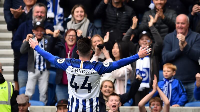 Brighton’s Aaron Connolly celebrates scoring his second goal against Tottenham Hotspur during the Premier League game at the Amex Stadium in October. Photograph: Glyn Kirk/AFP via Getty Images