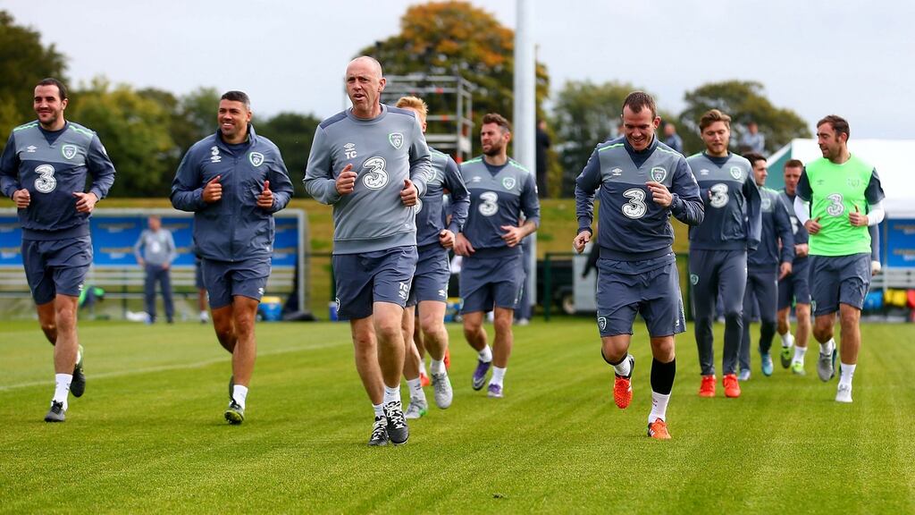 Republic of Ireland squad training at the FAI National Training Centre in Abbotstown on Monday morning. Photograph: Donall Farmer/Inpho
