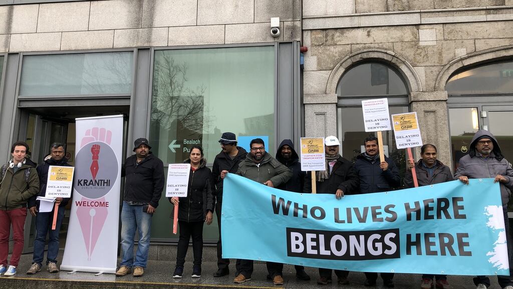Protesters gather on Wednesday outside Irish Naturalisation and Immigration Service (INIS) on Burgh Quay, Dublin. Photograph: Sorcha Pollak