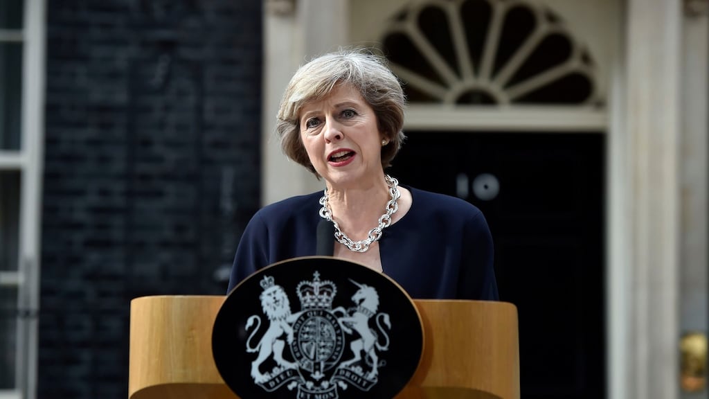 New British prime minister Theresa May makes a speech outside 10 Downing Street, London. Photograph: Hannah McKay/PA