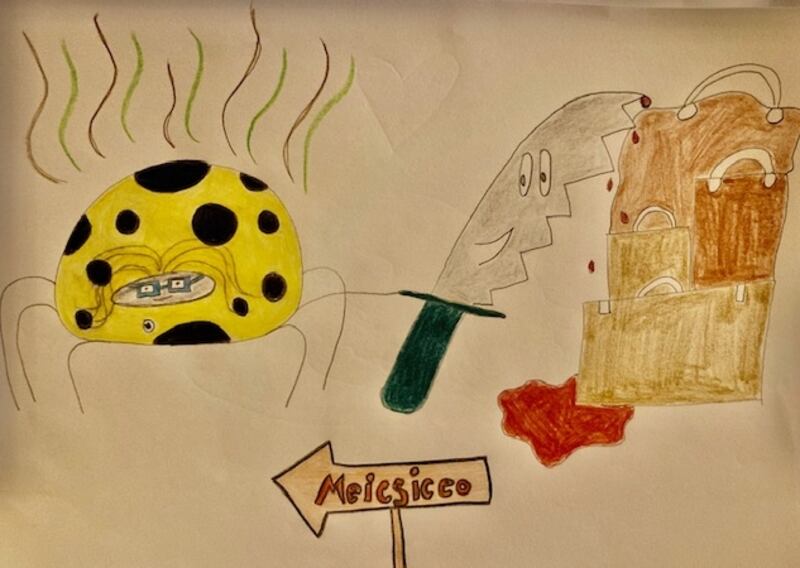 Spiky agus Jeff ag dul go Meicsiceo le Feoil a Fhái. Illustration: Seirce MacChongail