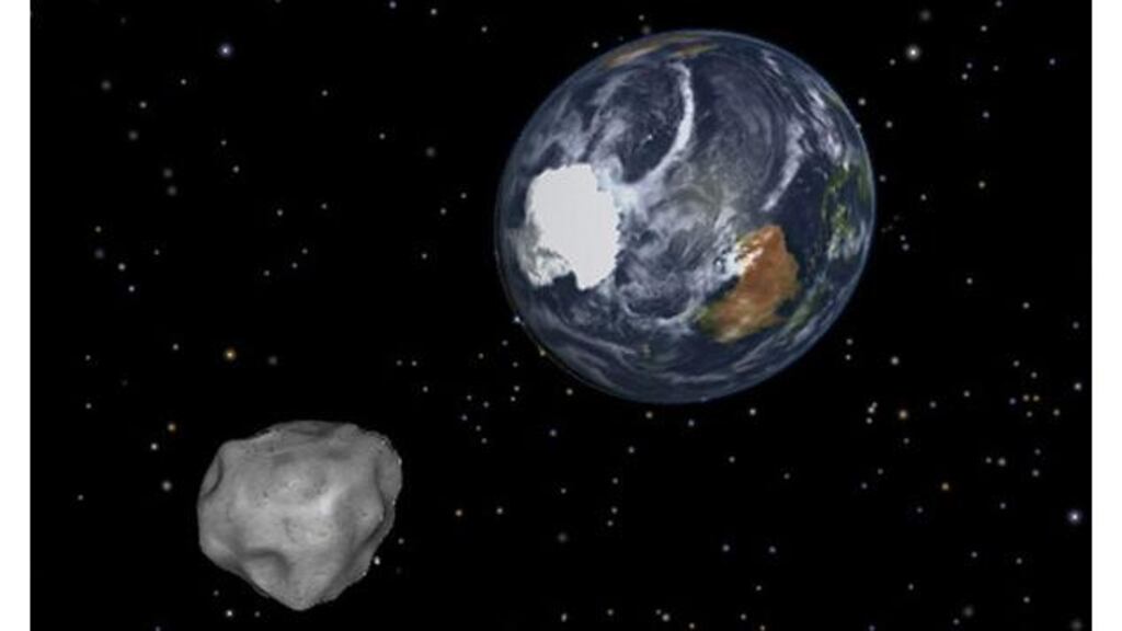 This image provided by Nasa/JPL-Caltech shows a simulation of asteroid 2012 DA14 approaching from the south as it passes through the Earth-moon system.