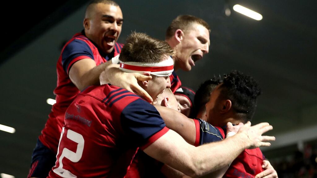Munster’s Francis Saili celebrates his crucial try with teammates in Saturday’s European Champions Cup clash with Glasgow Warriors. Photograph: Dan Sheridan/Inpho