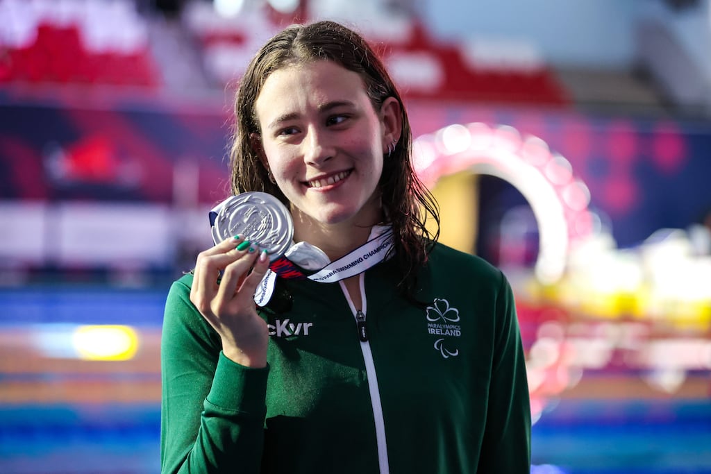 Ireland's Róisín Ní Riain with her silver medal after the women’s S13 100m backstroke final at the World Para Swimming Championships in Singapore. Photograph: Ian MacNicol/Sportsfile
