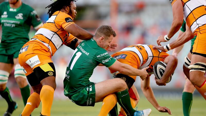 onnacht’s Matt Healy tackles Louis Fouche of Cheetahs. Photograph: James Crombie/Inpho