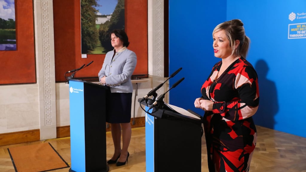First Minister Arlene Foster and Deputy First Minister Michelle O’Neill: Ms O’Neill believes Taoiseach Micheál Martin will visit Northern Ireland “over the course of the next number of days”. Photograph: Kelvin Boyes/Press Eye/PA