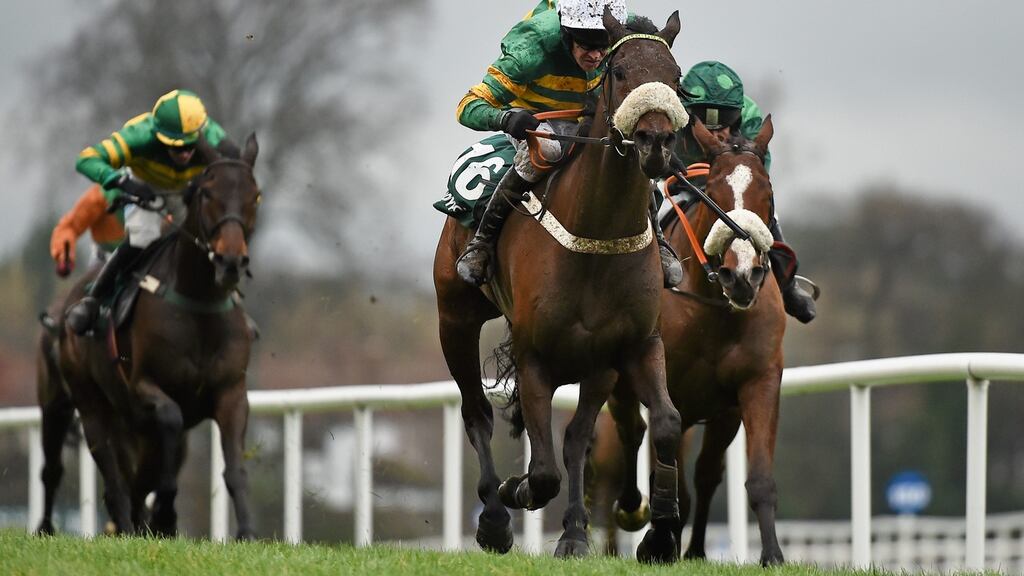Minella Foru, with Barry Geraghty up, on their way to winning the Paddy Power Steeplechase. Leopardstown Christmas Racing Festival. Photograph: Cody Glenn/Sportsfile