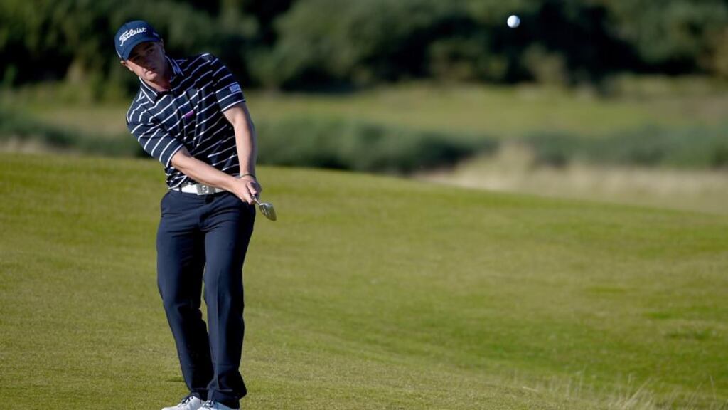 Ireland's Paul Dunne plays his second shot to the sixth green during the first round of the 2015 Alfred Dunhill Links Championship at Kingsbarns in Scotland. Photo by Ross Kinnaird/Getty Images